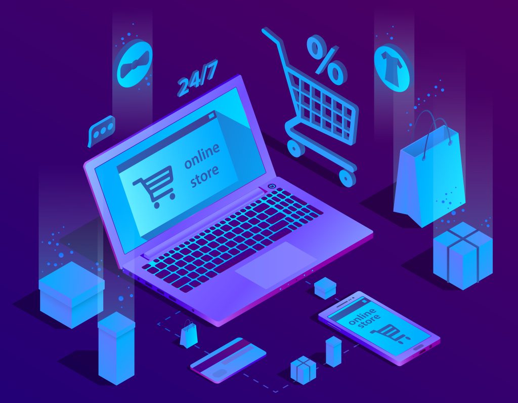 Vector 3d isometric concept of e-commerce, online store. Shopping service, payment by smartphone or laptop and delivery. Illustration in purple, ultraviolet colors.