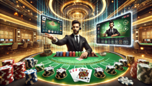 Uma cena dinâmica de um jogo de blackjack ao vivo e online em um cassino virtual, com a mesa repleta de cartas, fichas e um dealer profissional.